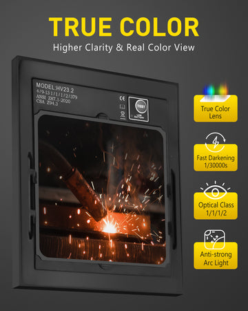 HV23.2 Welding Helmet Auto Darkening, 3.94"x3.82" Large Viewing Screen True Color Solar/Battery Power, 4 Arc Sensor Wide Shade 4/5-9/9-13 Welder Mask with Grind/Cut/Weld Mode for TIG MIG ARC
